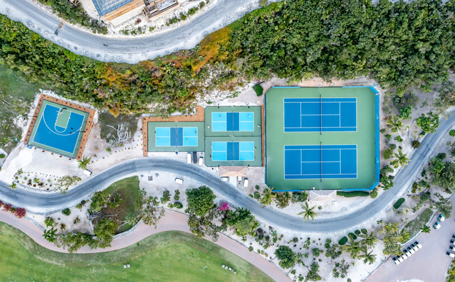 Drone shot of the pickle ball and tennis courts at The Abaco Club