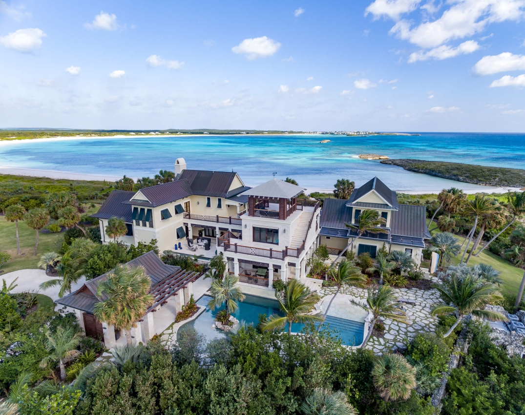 Aerial shot of the some of the properties at The Abaco Club with the Bahamian sea as a background