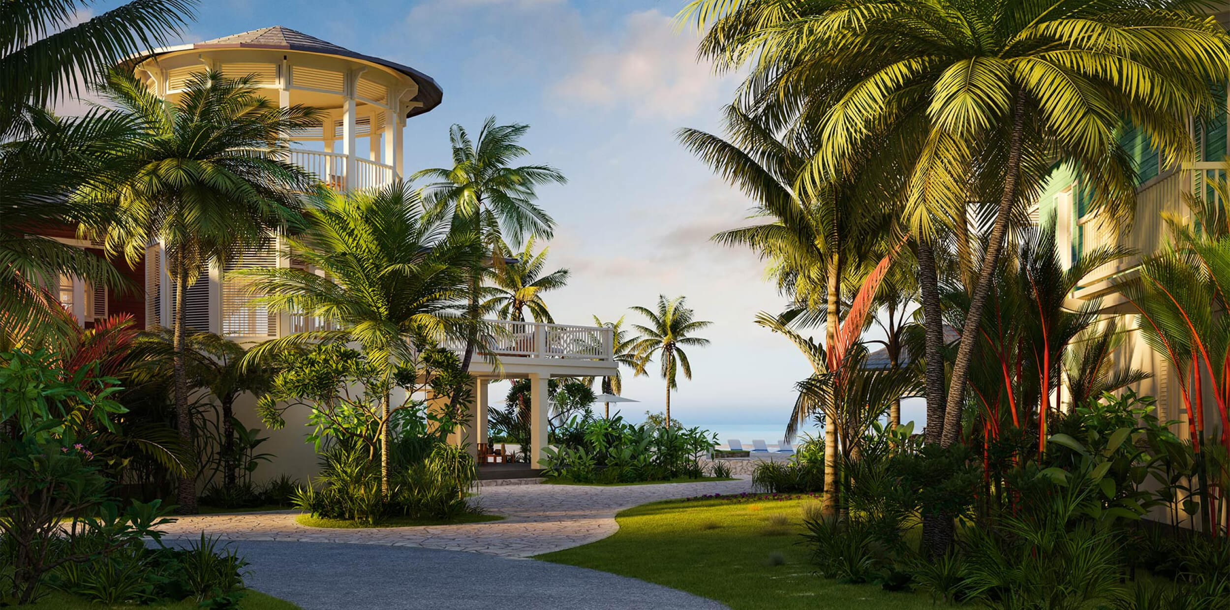 Beachfront paradise property at The Abaco Club among palm trees