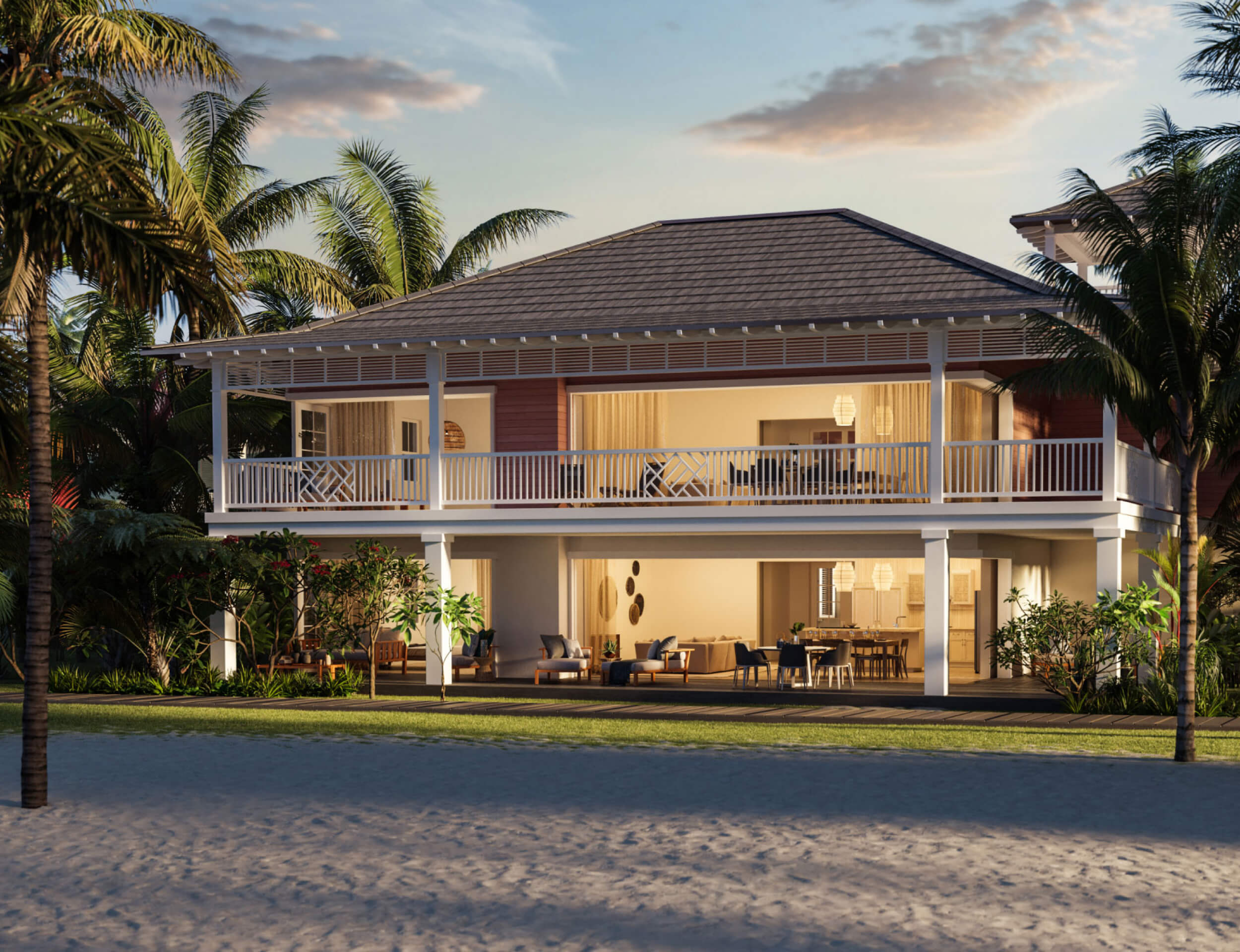 Image of a two-story beachfront house at The Abaco Club, with balconies.