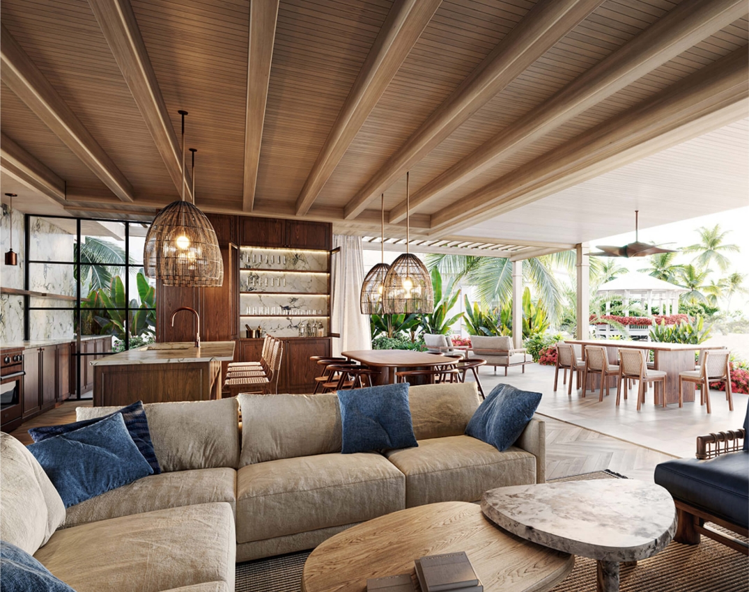 Open dining and resting area in a beachfront property at The Abaco Club.