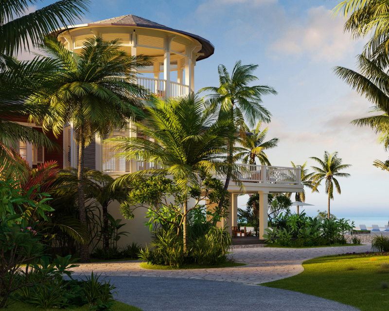 Elegant coastal home with lush landscaping at The Abaco Club, reflecting an exclusive club lifestyle