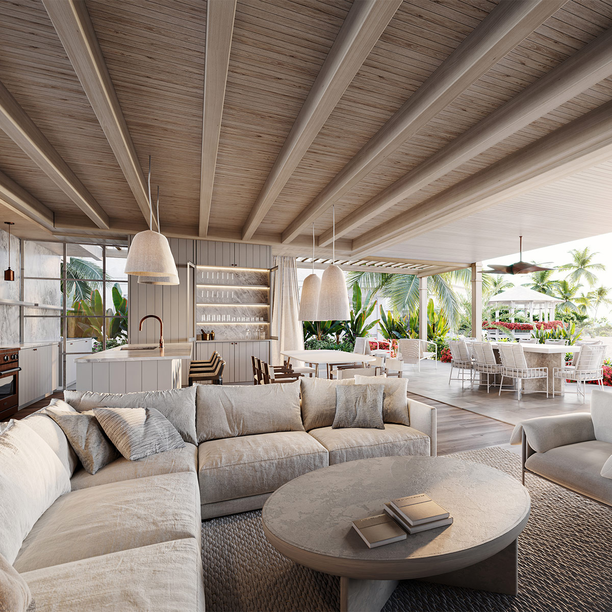 Elegant interior living space with a plush sofa, exemplifying the luxurious coastal living at The Abaco Club.