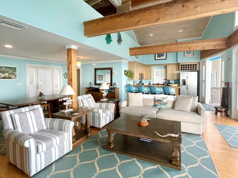 Elegant living room view from a beachfront house on Winding Bay Bahamas