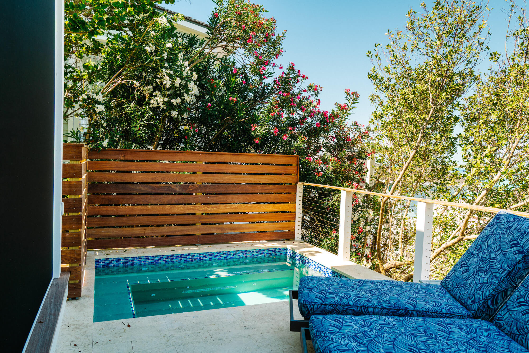 Poolside patio with turquoise pool, a wooden slat fence, white flowering shrubs, and blue-patterned lounge chairs under a clear blue sky.