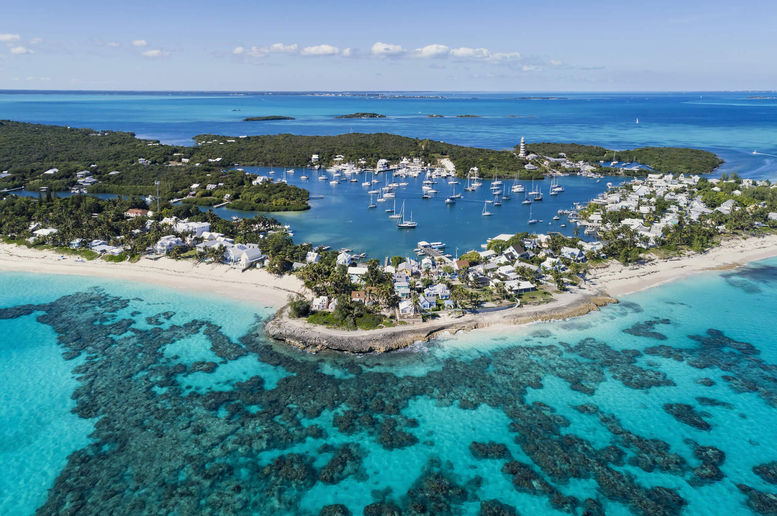 Aerial shot of boats and yachts at The Abaco Club
