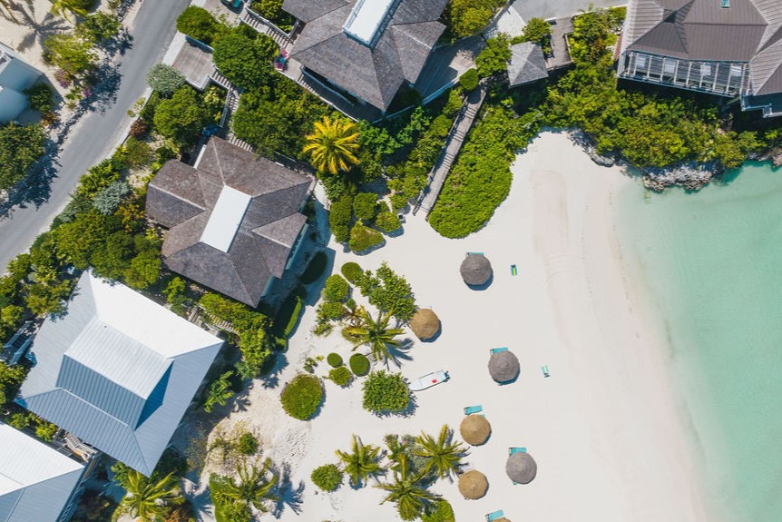 Drone image of a Beachfront villa at The Abaco Club