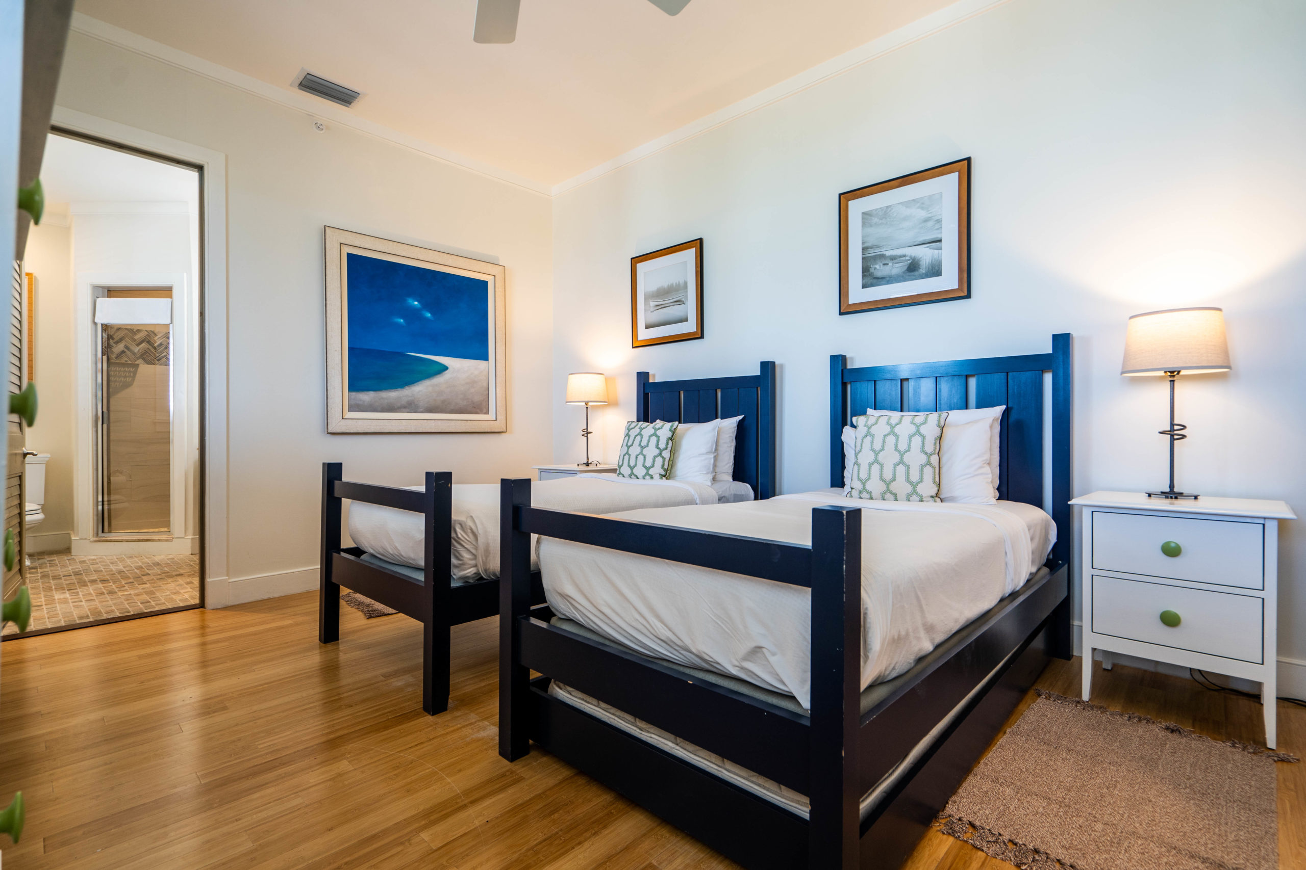 Twin beds bedroom from a beachfront house on Winding Bay Bahamas