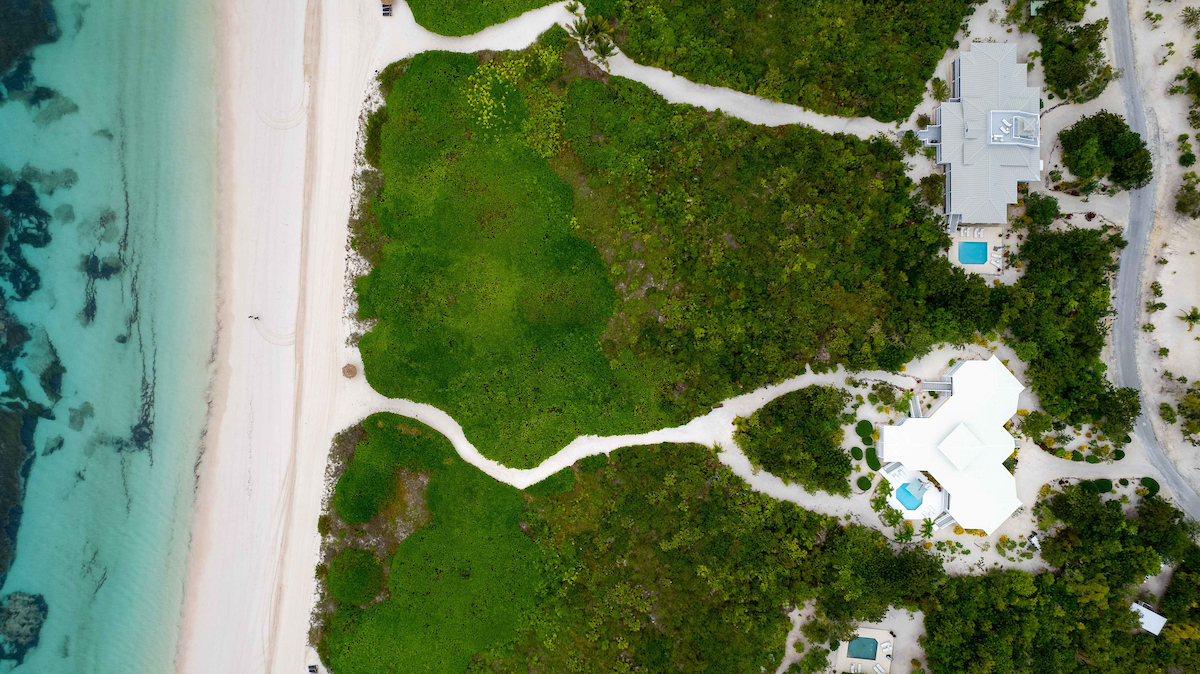 Drone image of an ocean view property at The Abaco Club