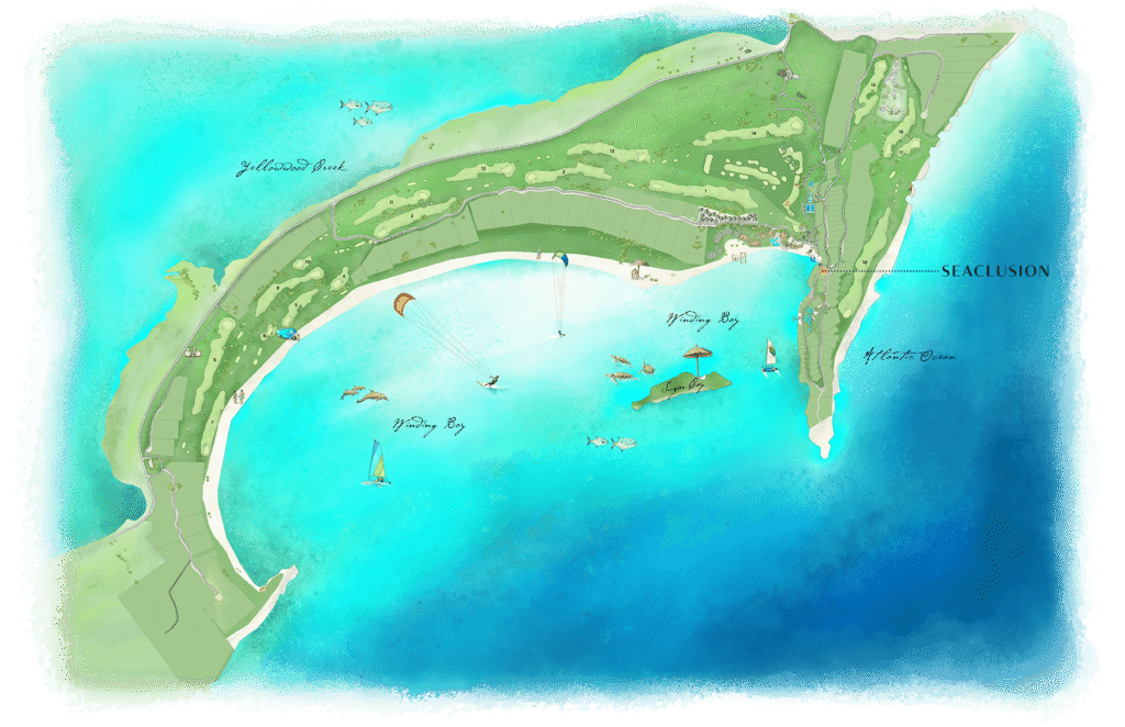 Stylized coastal map of a curved peninsula with green land, beaches, and labels like Seaclusion and Windy Bay; paragliders hover over the water near the shore.