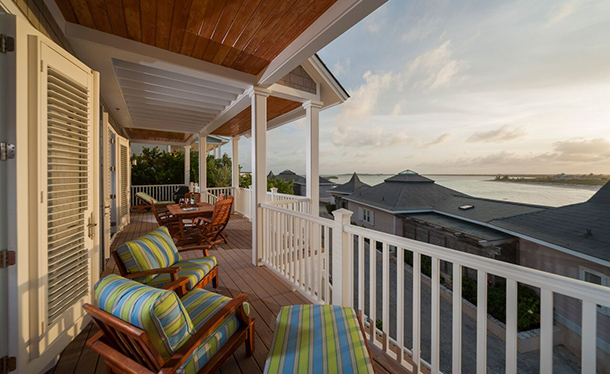 Balcony view on sunny day from a beachfront house on Winding Bay Bahamas