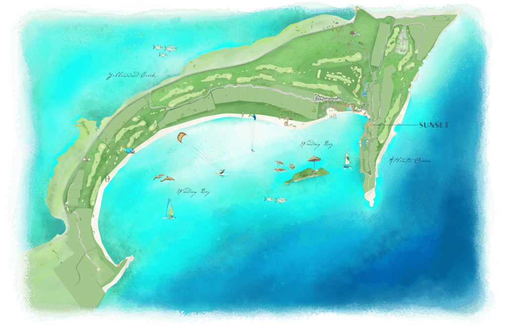 Illustrated map of a crescent-shaped island resort with golf greens, roads, beaches, and a marina.