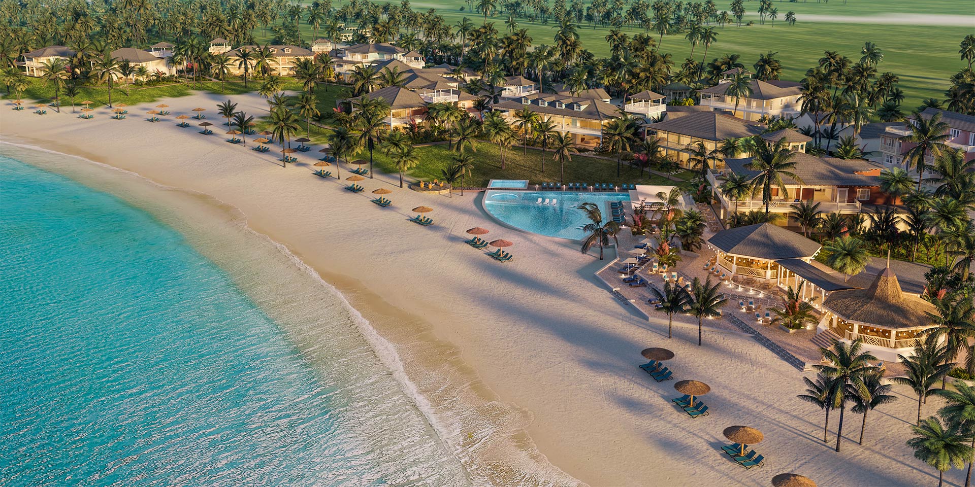 Panoramic view of The Abaco Club's luxury beachfront villas, a paradise for coastal living and a haven for a sophisticated club lifestyle in The Bahamas.
