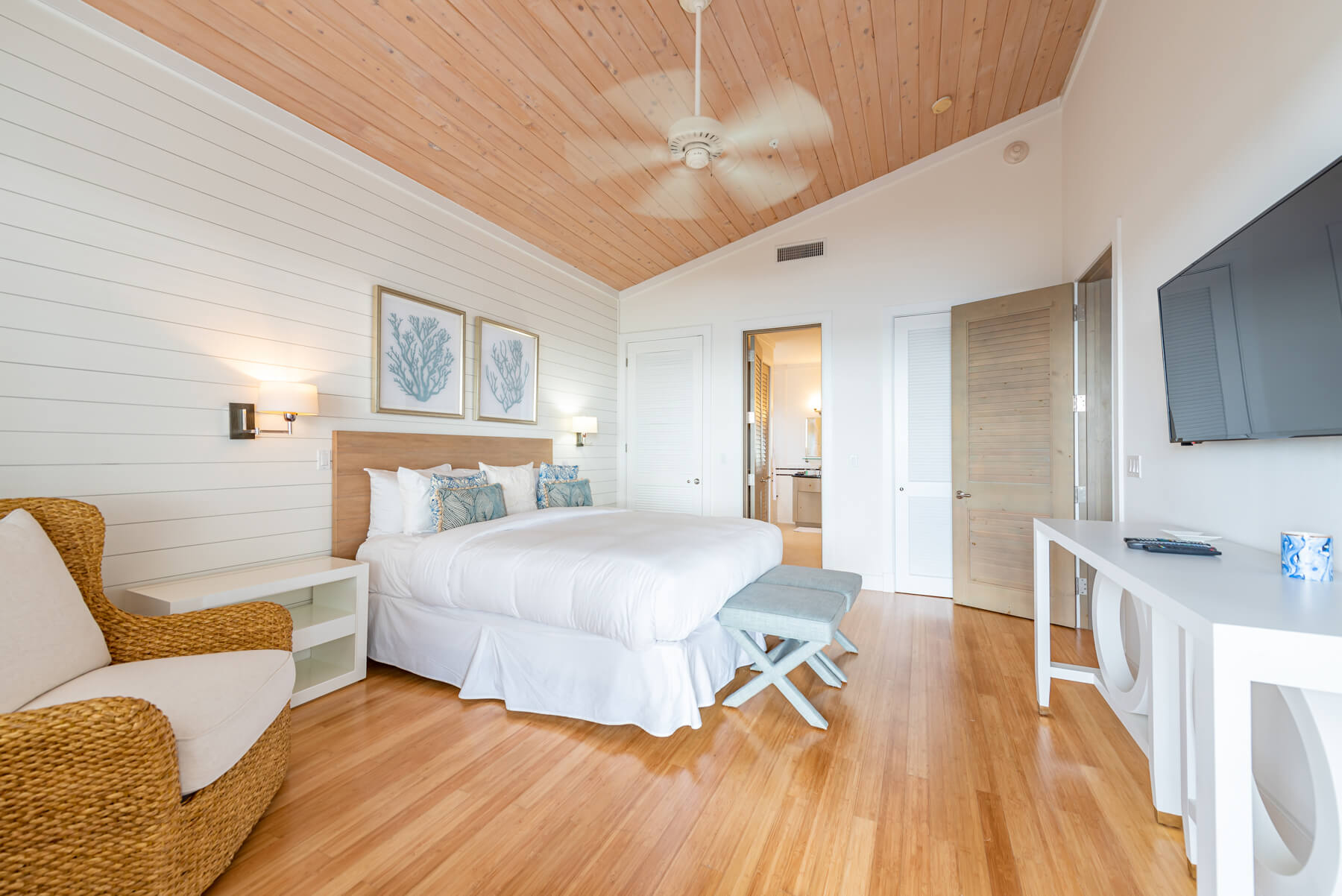 Beachfront villa bedroom at The Abaco Club, showcasing the dream of upscale coastal living in the Bahamas.