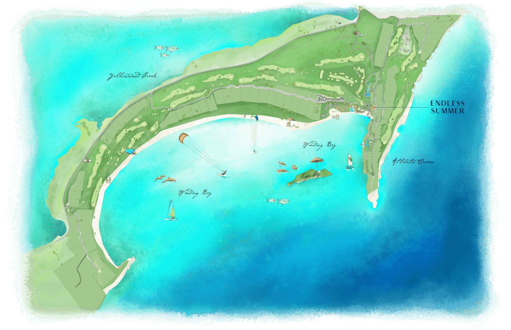 Bird's-eye map of a curved island with a white-sand beach, green fairways, roads, and blue water; shows boats, kitesurfers, and labeled bays like Windy Bay and Sugar Bay near Endless Summer.